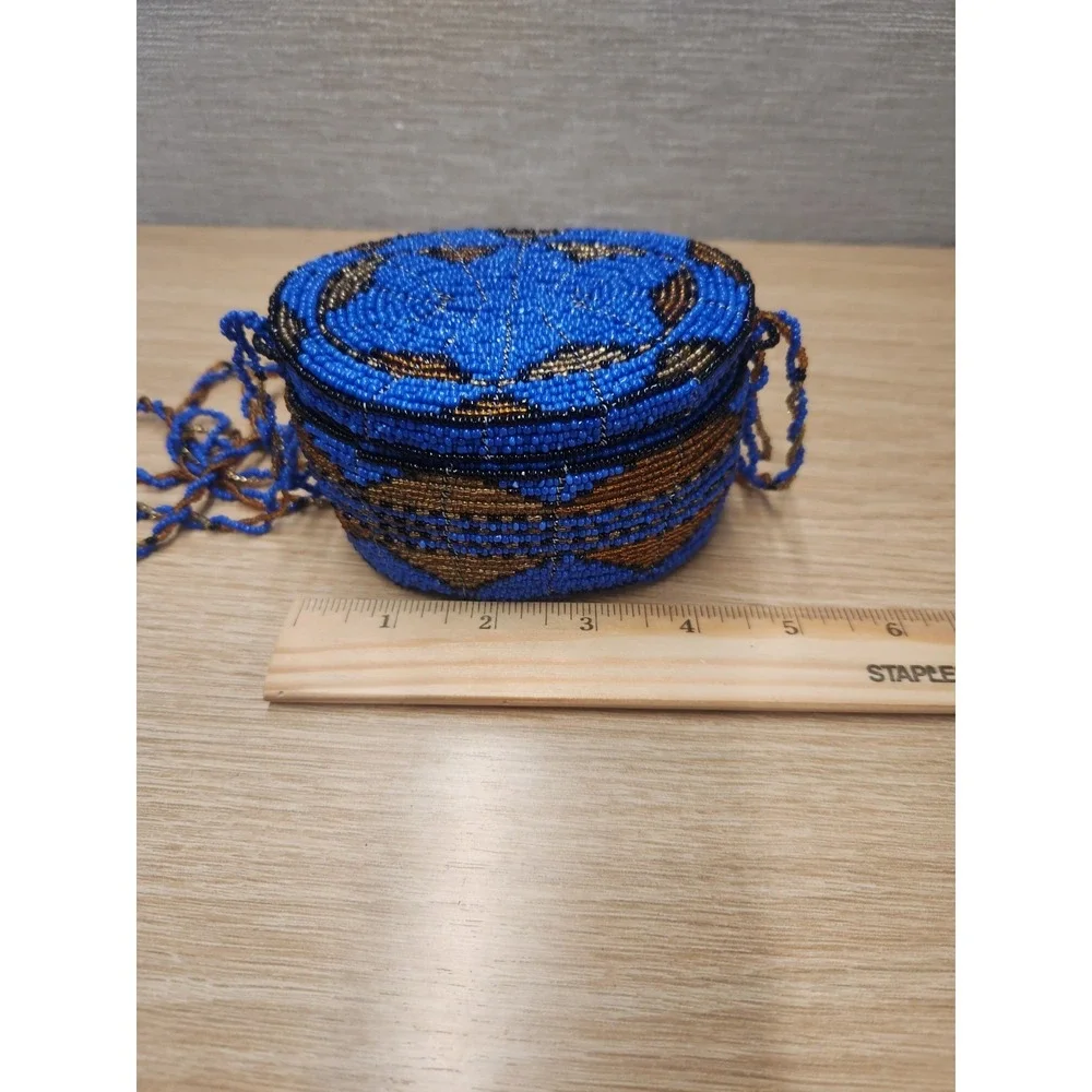 Vintage Seed Bead Hand Beaded Wire Hanging Trinket Box‎ Purse Lidded Blue Gold